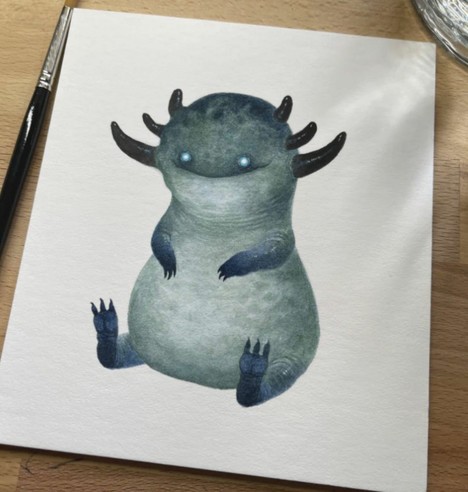 a small grey/bluegreen creature with six black horns, glowing white blue eyes and a big smile. He is quite plump.