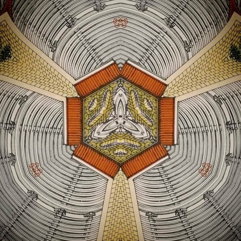 Kaleidoscopic view of an architectural drawing of a Greek monument
