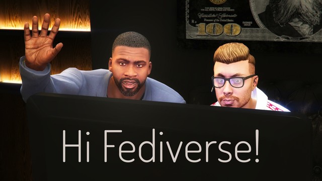 A screenshot I took in the video game GTA Online during one of the opening cut scenes in the Agency. It shows Franklin, known from the main game GTAV, and my male character behind a computer screen. Franklin is waving his hand to and looking at the viewer. A caption "Hi Fediverse!" was added to the screenshot.