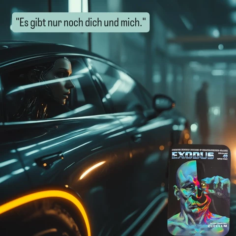 Bild im Hintergrund:
Midjourney Prompt: Highly atmospheric, cinematic scene: A clear and striking reflection of a beautiful female humanoid robot is visible on the car's main polished window. A sleek, modern car with a subtle futuristic aesthetic, empty, is parked within a pristine, architecturally refined modern garage. Dramatic lighting, moody ambiance, soft volumetric light, photorealistic, intricate details, UHD quality --raw --stylize 250 --v 7

Text links oben: "Es gibt nur noch dich und mich"

Bild rechts unten: Das Cover Ausgabe 49 des Exodus-Magazins. Das Coverbild "Spektrallinien" wurde von Cuculum entworfen.