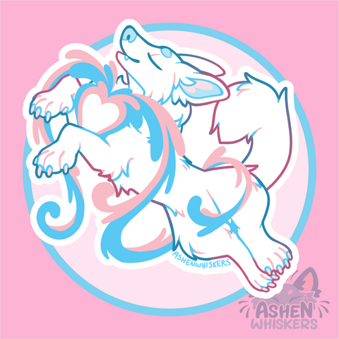 art of  a white fox in a dreamy, drifty pose, with trans flag color bursting from a heart on their chest
