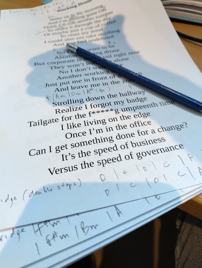 Photo of a lyric sheet with chords written on it in pencil.