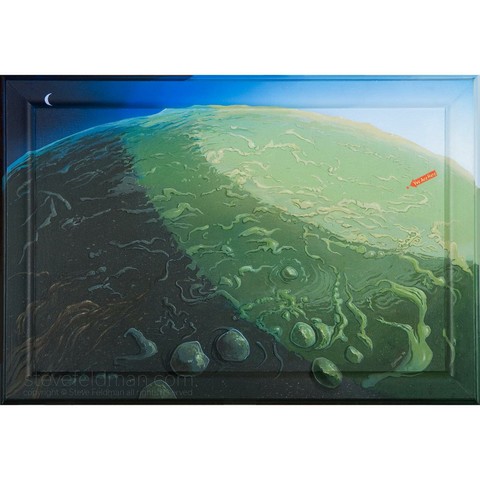 My acrylic painting titled “You are Here” presents a monochromatic green semi organic yet indiscernible landscape viewed from a great height as the curve of the planet (earth?) is visible, while a small orange label states "You are Here."