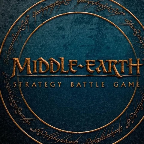 The image features the title "MIDDLE-EARTH STRATEGY BATTLE GAME" prominently displayed in a bold, stylized font, set against a textured dark blue background. Surrounding the title is a circular design that includes intricate, golden script, reminiscent of Tolkien's lore. The overall aesthetic conveys a sense of adventure and fantasy, aligning with the themes of the game.