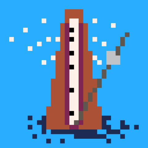Pixel art of a metronome. It’s a tall pyramid in shape, made of dark wood. The thin metal arm attached to the base swings in a large arc. The metal weight that regulates the swing is about three-quarters up the arm’s length.  The arm has just been set into motion.