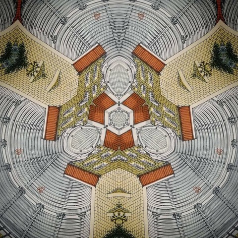 Kaleidoscopic view of an architectural drawing of a Greek monument