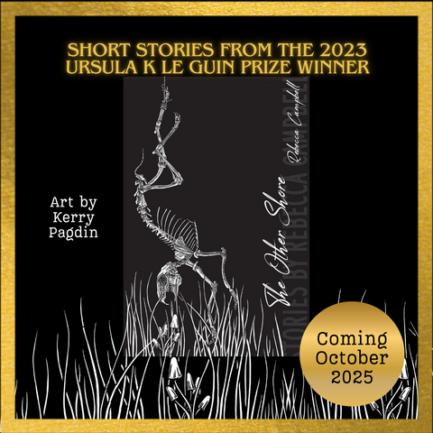 Cover reveal for Rebecca Campbell's short story collection The Other Shore. Art by Kerry Pagdin is a linocut print called "The Death of Ostara" featuring a rabbit skeleton in a snare, hanging over long grass and mushrooms.