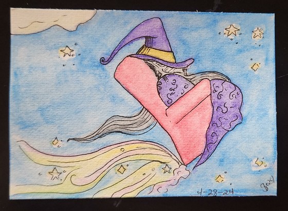 Sleeping wizard flying through the night sky on their recliner.