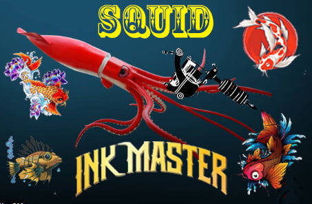 A Squid with a tattoo machine is surrounded by fishy flash for Squid Ink Master
