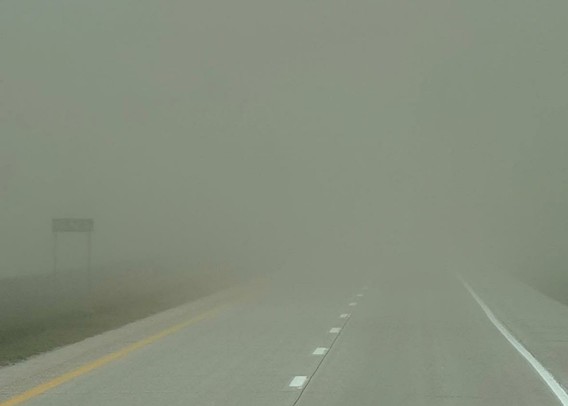 Visibility is near zero looking down the roadway near North Bend, Nebraska.