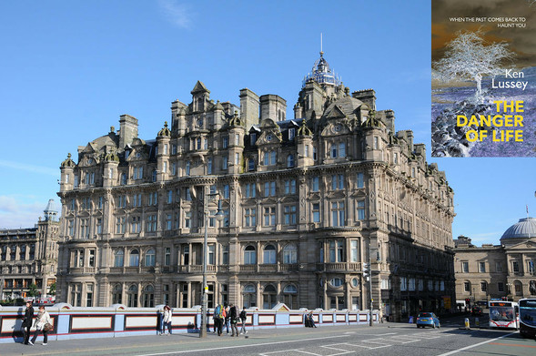 This modern photograph shows the Balmoral Hotel in Edinburgh. It is shown against a blue sky from the south-east with the road that crosses Waverley Station in the foreground. The clock tower is on the far side of the hotel and is barely visible in this view. The front cover of ‘The Danger of Life’ is shown in the top right corner.