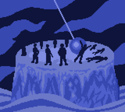 Pixel art illustration of a diverse group of people, seen only by their silhouette, standing on a cylindrical ice platform in the middle of the ocean. The people are disposed in a circle facing outwards and they are being knocked down one by one by a giant swinging pendulum, as shown by one person being hit by it and three more people lying on the ground.