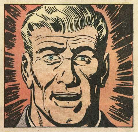 Close-up of a shocked man in vintage comic book style. His eyes are wide, mouth slightly open, and lines radiate from his head, suggesting alarm or horror. The background is pinkish-red with black bursts emphasizing his emotional reaction.