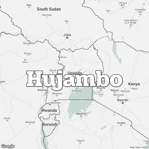 Map of Uganda overlaid with a translation of the word "hello": Hujambo.