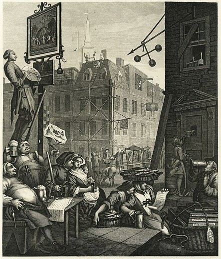 an engraving, it is a street scene, people walking around, one of them up on a ladder painting a sign,  people drinking, some carrying things