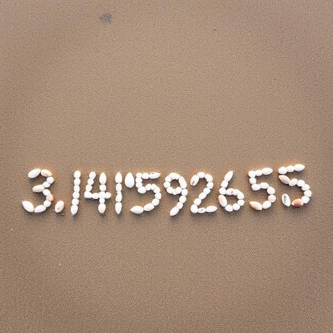 The first ten digits of pi written in the sand on a beach with seashells, with one mistake.