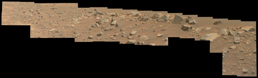 An ochre toned mosaic of 50 images capturing a Martian landscape