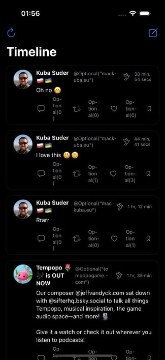 A social media timeline displaying posts by user "Kuba Suder," featuring three tweets with various emojis expressing emotions and a post from "Tempopo" promoting a podcast with a mention of a composer. The interface includes options for interactions like replies and likes