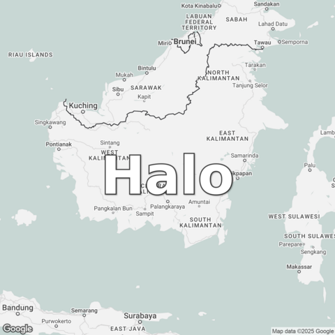 Map of Indonesia overlaid with a translation of the word "hello": Halo.