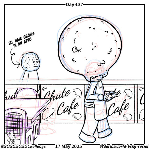 Drawing of Darlo with a shaven head walking by a cafe where a member of staff has a huge afro. A comment notes that Darlo's IRL hair grows in an afro.
