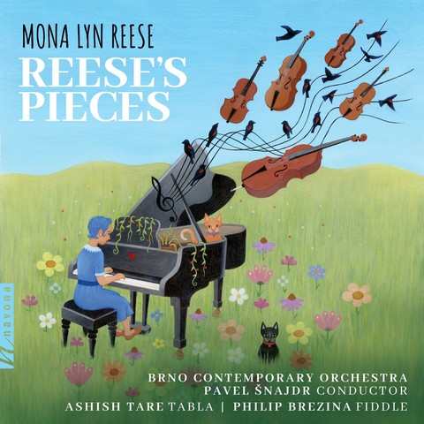 Cover of Mona Lyn Reese's Navona Records album "Reese's Pieces", featuring a colorful graphic of a woman playing a piano in a meadow with wildflowers - where out of the piano is streaming notated music where the notes are birds and double basses.