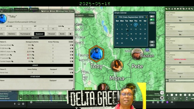Discord screen of our Delta Green game with me as "Toby".