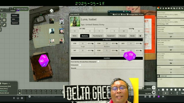 Discord screen of our Delta Green game with my primary character Isabel Luna losing some sanity.