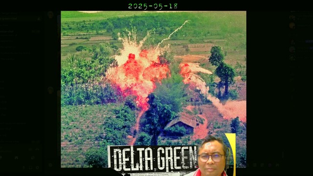 Discord screen of our Delta Green game with an image of explosion in a jungle in Indochina. It's probably Vietnam during the Vietnam Conflict.