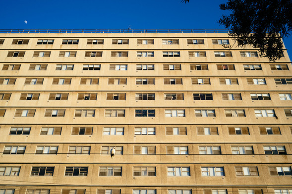 Repeating, identical windows of an old apartment block rise up into the sky, with a small strip of bright blue sky above. A small moon is over on the top left, and the edge of a tree in the right corner. Down below, the wire from a tram line stretches across the scene, with a single white bird (a Corella) sitting on it.