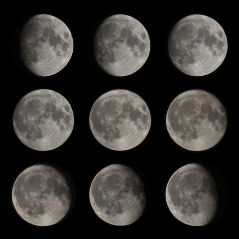 Zeitserie der Mondphasen rund um Vollmond an neun aufeinanderfolgenden Nächten. Ab Vollmond ist der Mond leicht gelblich und teilweise deutlich unschärfer