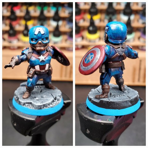 Collaged photos of the front and back of a painted chibi Steve Rogers Captain America miniature standing atop a paint handle.