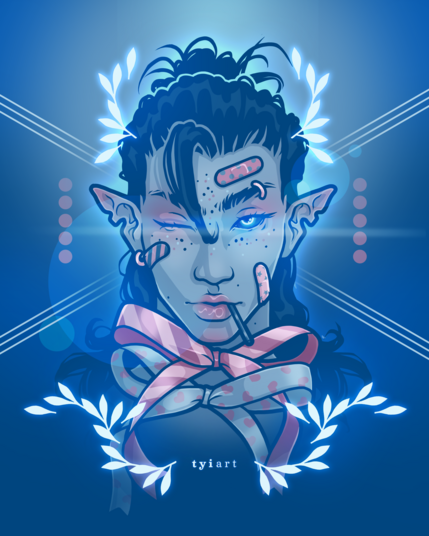 digital portrait drawing of a handsome man with blue skin and pointy ears, winking at the viewer and wearing two colorful ribbons around his neck. his hair are tied in the back into a high bun with the rest of the hair falling down to his shoulders. there are 3 band/aids on his face and there is a lolipop stick sticking out of his mouth.