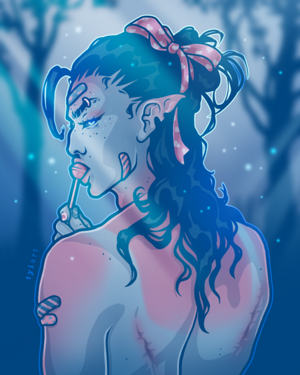 Digital bust drawing of a male with long hair tied into a half bun with a pink ribbon, sucking on a lolipop while looking back st the viewer. He has colorful band aids all over himself his blue skin turns to pink where he's been burnt by the sun. Wing scars are visible on his back.