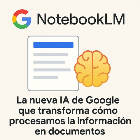 Logo de Google junto al nombre “NotebookLM”, seguido de un gráfico de un documento abierto y un ícono de cerebro, acompañado del texto: “La nueva IA de Google que transforma cómo procesamos la información en documentos”.