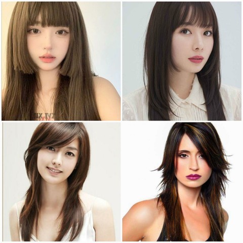A four-panel collage displays women with different long, layered hairstyles. The top left features a woman with blunt bangs and shoulder-length brown hair. The top right shows another woman with straight dark brown hair and wispy bangs. The bottom left shows a woman with angled layers framing her face and shoulder-length brown hair. The bottom right presents a woman with choppy layers, dark hair with blonde highlights, styled away from her face.