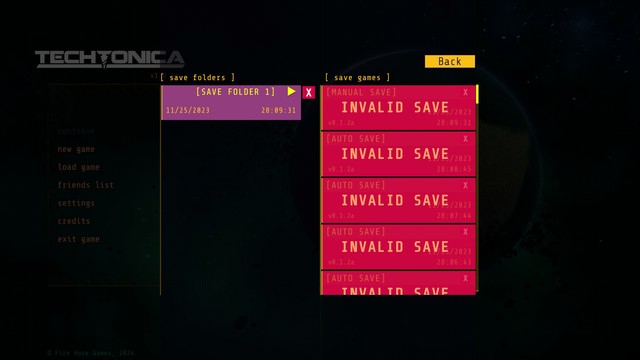 A screenshot from Techtonica's main menu. The player is trying to load a save, but all saves are marked as invalid.