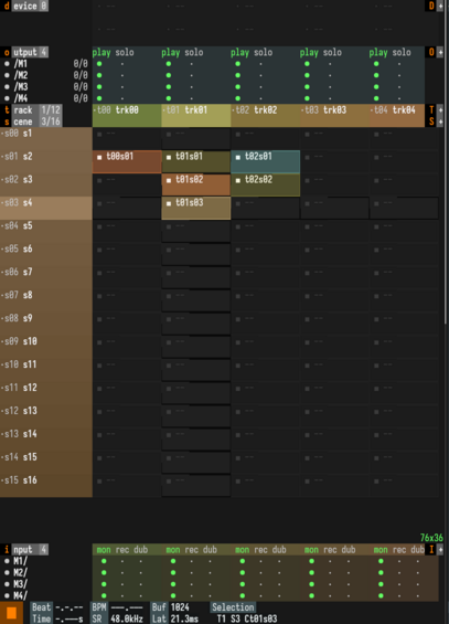 portrait screenshot of latest tui daw interface with many little and big green dots representing track routing, in another randomly generated palette that turned out particularly well, enough to be evocative of ... something, anyway.