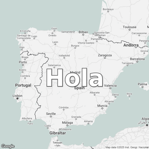 Map of Spain overlaid with a translation of the word "hello": Hola.