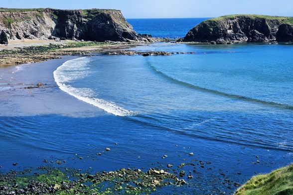 A high-angle shot shows a curved sandy beach nestled between rocky cliffs and the clear blue sea in Annestown, Ireland. Gentle waves roll onto the shore, and seaweed-covered rocks are visible in the foreground.