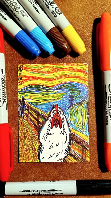 Marker drawing parodying "The Scream" by Edvard Munch, replacing the famous screaming figure of the original with Camilla the Muppet chicken. She stands holding her wings to her face and screaming while a shadowy figure of Gonzo approaches from the distance, and the scene is the swirling seaside and tumultuous swirling sky of the original. The drawing is signed with my "RV" signature glyph and dated 5-18-25. The red, blue, turquoise, brown, yellow, orange, and black markers used to draw the image rest on the table surrounding the card.