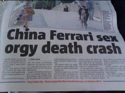 This appears to be a meme. The image is a newspaper clipping with a sensational headline that reads "China Ferrari sex orgy death crash." The headline is designed to be provocative and attention-grabbing, combining elements of scandal and tragedy. The meme likely plays on the stereotypes of redneck culture, which often includes a mix of rural living, a penchant for high-speed vehicles like Ferraris, and a sense of American patriotism. The juxtaposition of these elements in a seemingly outrageous headline is intended to be humorous and exaggerated, appealing to those who enjoy irony and exaggerated stereotypes.