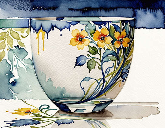A watercolor style image of a glass tumbler painted with a design of yellow-orange flowers and green-blue leaves, on a textured white background decorated with a similar floral motif.