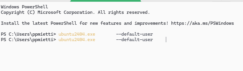 Windows PowerShell

Copyright (C) Microsoft Corporation. All rights reserved.

C:\Users\ppmietti> ubuntu2404.exe   —-default-user

C:\Users\ppmietti> ubuntu2404.exe   —default-user 

There is some text after ubuntu 2404.exe and --default-user but they are not visible