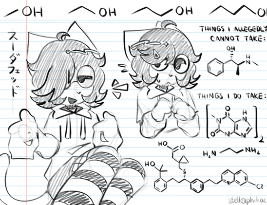 another sketch page of sudafed, done on a lined paper background.

along the top are the skeletal formulas for methanol, ethanol, propan-1-ol, and butan-1-ol.

on the left is sudafed sitting and doing finger guns at the viewer. their sleeves are long enough to cover their entire hands. they wear shorts and striped knee-socks. to the left of that is their name written vertically in katakana.

near the middle is a bust drawing of them with their a hair clip, revealing their other eye. they have a slightly apprehensive expression.

written on the right is "things i allegedly cannot take:" in all caps, followed by the skeletal formula of pseudoephedrine. under that is written "things i do take:" in all caps, followed by the skeletal formulas of aminophylline and montelukast.