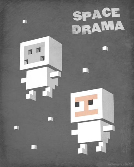 Minimalistic voxel-style artwork, showing two cute astronaut characters floating in space. One of them is dead, and shows a skull inside the space helmet.