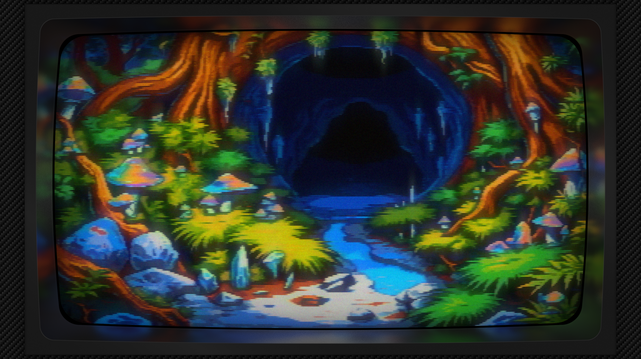 Pixel art of a cavern’s heart, a stone lung breathing ancient stillness, where roots, like petrified rivers, carve a warm calligraphy across the left wall, their crimson veins pulsing with the memory of sunlight. A stream, a silver thread unspooling from the heights, whispers across a bed of pale sand, mirroring the cavern’s secrets in its liquid gaze. Emerald ferns and moss knit a verdant tapestry along its banks, a silent chorus of life clinging to the rock’s embrace. Fungi bloom in a riot of color, jeweled crowns adorning the cavern floor, while crystalline shards, like frozen starlight, pierce the darkness. Vines hang like forgotten necklaces from the high ceiling, and the cavern’s depths swallow the light, a shadowed promise of further descent into the earth’s slow, geological dream. The image has a CRT filter applied.