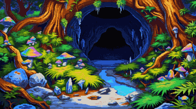 Pixel art of a cavern’s heart, a stone lung breathing ancient stillness, where roots, like petrified rivers, carve a warm calligraphy across the left wall, their crimson veins pulsing with the memory of sunlight. A stream, a silver thread unspooling from the heights, whispers across a bed of pale sand, mirroring the cavern’s secrets in its liquid gaze. Emerald ferns and moss knit a verdant tapestry along its banks, a silent chorus of life clinging to the rock’s embrace. Fungi bloom in a riot of color, jeweled crowns adorning the cavern floor, while crystalline shards, like frozen starlight, pierce the darkness. Vines hang like forgotten necklaces from the high ceiling, and the cavern’s depths swallow the light, a shadowed promise of further descent into the earth’s slow, geological dream.