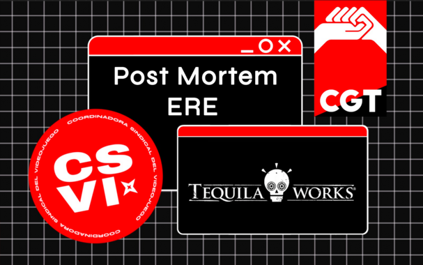 Cartel introductorio al hilo en redes sobre el proceso del ERE dentro de Tequila Works con los logos de la CGT, CSVI, y la empresa.