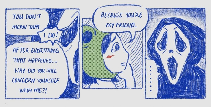 crop of my comic about ghostface and i in love. directly quoting naruto and sasuke's conversation in ch 698 after their final fight in the valley of the end.