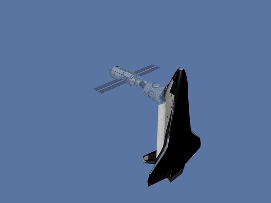 A spacecraft in space, featuring the outline of a space shuttle approaching a module with solar panels, set against a blue sky background.